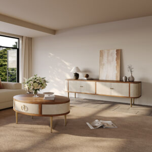 Vintage TV Stand and Coffee Table Set, Walnut & Beige Color Living Room Set, 78.74" Media Console+ 39.37" Coffee Table
