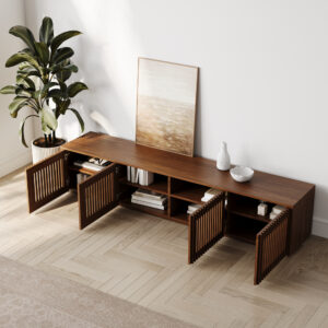 59" Modern Wood TV Stand, Minimalist Slatted Entertainment Center,Media Console, TV Console, Fully-Assembled, Perfect for 45-inch TVs