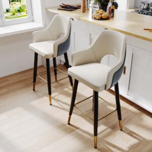 30'' Modern Bar Height Faux Leather Bar Stools Set of 2, Arm Chairs with Hollow Backrest for Kitchen Island & Dining Room, Brown & Beige