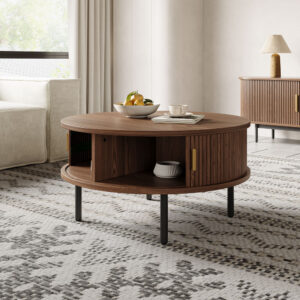 47'' Oval Wood Fluted Coffee Table with Storage, Mid-Century Modern, with Sliding Doors, Black Color, 2 Cabinets, for Living Room