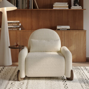 3-in-1 Convertible Sofa Bed with Manual Recliner & Side Tray,Cream Lounge Chair with Walnut Finish for Small Spaces