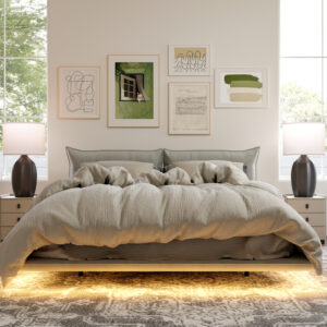 King Size Velvet Upholstered Floating Bed with Smart Lighting, Beige Low Profile Platform Bed Frame, Beige Wooden Slat Support, No Box Spring Needed
