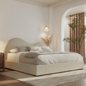 Boucle Upholstered Storage Bed, Queen Size Beige Hydraulic Lift-up Platform Bed Frame with Headboard, No Box Spring Needed, Easy Assembly