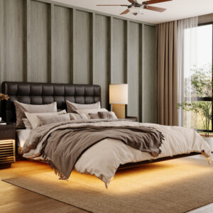 Waffle King Size Leather Upholstered Floating Bed with Smart Lighting, Black Sturdy Platform Bed Frame with Wooden Slat Support, No Box Spring Needed