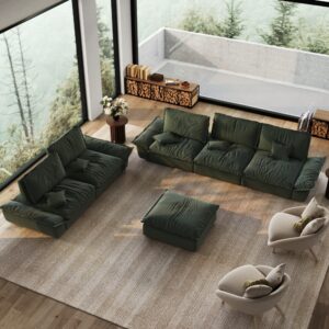 1-2 Seater Modern Sleeper Beige Sofa Set with Ottoman, Adjustable Backrest, Extra Deep Couch, Pet Friendly Couches, Suede Fabric, Sofa and Loveseat Set