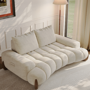 2-3 Seater Mid Century Deep Sofa with Adjustable Cushions,27.6"-39.4" Seat Depth, Pet-Friendly Fabric, Cloud Sectional Design, High Back, Solid Wood Legs, and Sleeper Function, Beige, Stain Resistant, Memory Foam, Cozy Tufted Round Sofa