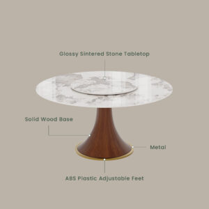 53'' Modern Round Dining Table with Lazy Susan for 4, Glossy Sintered Stone Table for Kitchen, Tulip Table Base, Walnut Solid Wood Base, Easy-to-Clean Kitchen Table