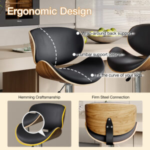 Contemporary Wooden Adjustable Leather Swivel  Bar Stools Set of 2, Counter Chairs with Backs for Kitchen Island, Black