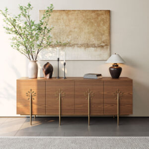70.87" Mid-Century Modern TV Stand with Tree-Shaped Decorations, Tall Media Console with Adjustable Shelves, Push-to-Open Doors, Metal Legs, High Leg Design, Fits 55-65 Inch TVs, Wood Color, MDF, Easy Assembly