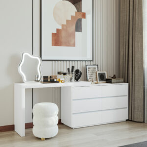 Modern White Retractable Large Vanity Desk Set with LED Mirror and Stool, Corner Makeup Vanity Dressing Table for Bedroom, Assembled Shipment
