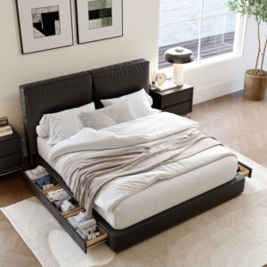 Queen Size Leather Upholstered Storage Bed with 6 Drawers, Black Low Profile Platform Bed Frame, Wooden Slats Support, No Box Spring Needed, Easy Assembly