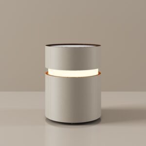 19.5" Modern Round LED Side Table with Drawers, Beige Leather End Table with Adjustable Lighting and Sintered Stone Tabletop, Fully Assembled