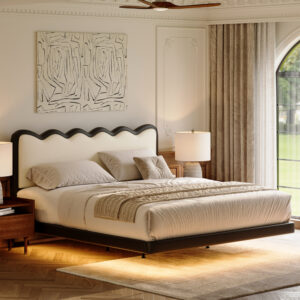 Queen Size Scalloped Leather Upholstered Floating Bed with Smart Lighting, Platform Bed Frame, Wooden Slats Support,No Box Spring Needed, Easy Assembly