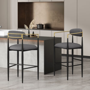 Modern Luxury Bar Height Stools Set of 2, Upholstered Bar Chairs with Backs and Metal Legs for Kitchen, Beige Boucle & Black Base