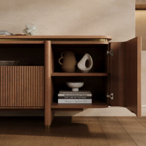 71" Mid-Century Modern Fluted TV Stand with Matte Metal Accents, Open Center Console with 1 Drawer and 2 Doors, Perfect for 65" TVs, Perfect for Living Room & Media Room Storage​, Fully Assembled