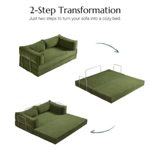 King Size 3-Seater Fold Out Sofa Bed, Green Convertible Sleeper Sofa for Small Space