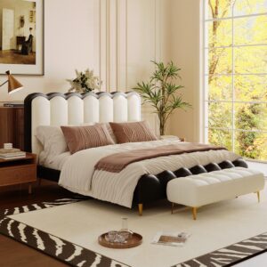 56" Upholstered Ottoman Bench with Metal legs for Bedroom, Modern Faux Leather End of Bed Bench, White
