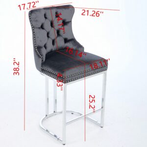 25'' Modern Upholstered Velvet Counter Stools Set of 2, Counter Height for Kitchen Counter & Breakfast Bar, Blue & Silver