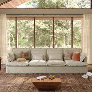131.9''Modern 4–5 Seater Cloud Sofa with Deep Seating, Feather-Filled Cushions & Cotton-Linen Slipcovers – Natural Ruffled Skirt Design