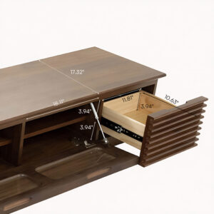 Minimalist Fluted TV Stand with Drawers, Solid Wood Media Console with Cabinets, Flip-down Door, Walnut Veneer, Fully-Assembled, 70"
