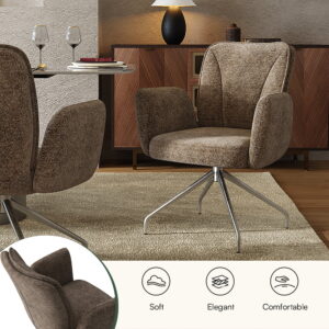 Modern Upholstered Swivel Dining Chairs Set of 2, Fabric Armchairs for Dining Table & Living Room, Brown & Silver, Home Office Task Desk Chairs