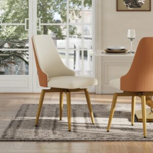 Modern Swivel Upholstered Dining Chairs Set of 2, Faux Leather Side Chairs, Beige & Gold, Home Office Task Desk Chairs
