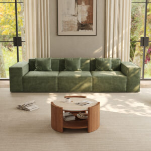 2-Seater Sofa & Coffee Table Living Room Set,  Mid-Century Modern Modular Sofa with Track Arms and Round Coffee Table, Beige Sofa and Walnut Sintered Stone Table