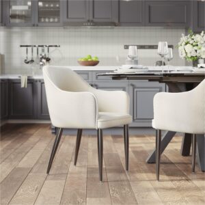 Modern Velvet Upholstered Dining Chairs Set of 2, Breakfast Nook Chairs with Arms, White & Khaki