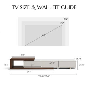 Modern Retractable Wood TV Stand with 3 Drawers, Open Storage,Walnut and White, 70.86”
