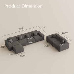 83.86’’ Minimalist Modular Sofa Track Arm Sofa, Deep Seat Couch, Anti-scratch and Water-proof, Living Room Sofa, Khaki