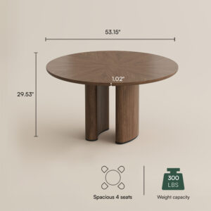 53" Modern Organic Round Wood Dining Table, Sculptural Pedestal Base with Thickened Edge Profile, Perfect for Small Spaces