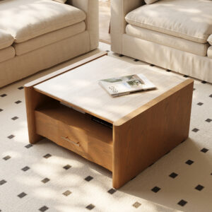 31.5'' Mid-Century Coffee Table with Travertine Slabs, wiith Open Storage & Hidden Drawer, Vintage Style Living Room Table