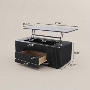 47.24" Lifting Top Rectangular Fluted Coffee Table, Mid-century Modern Black Coffee Table
