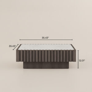 35.43" Mid-Century Modern Square Coffee Table with Slatted Design, Matte Pandora White Stone Top, Fully Assembled, Walnut Color & White