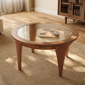 31.5'' Minimalist glass coffee table, Round Coffee Table, High-End Warm Coffee Table with glass top