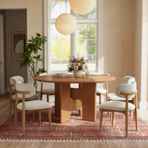 47" Mid-Century Inspired Round Wood Dining Table with Sculptural Pedestal Base, Designed for Open Legroom