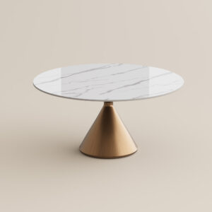 47''Glossy White Sintered Stone table with a brushed bronze conical base