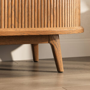 71" Curved Slatted Wood TV Stand, Mid-Century Modern Wrap-Around Tambour TV Console, Fully Opening Media Cabinet