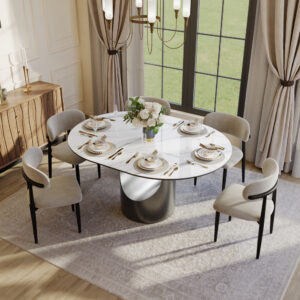 47"-63" Modern Extendable Dining Table,  Oval Dining Table for 4-6 Person, White Sintered Stone & Glass Table, Bronze Metal Base, Easy to Clean Kitchen Table