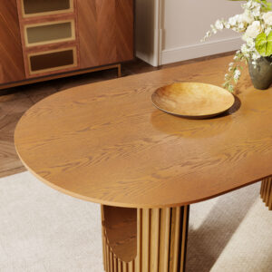 Modern Oval Dining Table Set for 6-8, 71" Walnut Kitchen Table with Ash Wooden Top, Fluted Engineered Wood Pedestal Base and Solid Ash