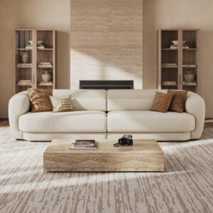 143 Inch Minimalist Beige Chenille Sofa Modern Large L-Shaped With Lumbar Support