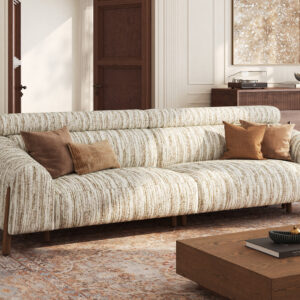 Mid-Century Modern Striped Fabric Brown Sofa with High Back Support, 3-Seater Couch with Soild Wood Leg