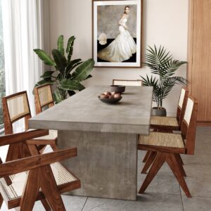 1800mm Concrete Gray Wooden Dining Table & 6 Walnut Japandi Rattan Dining Chairs