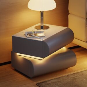 Modern White Leather Smart LED Nightstand with Wireless Charger 2 Drawers Bedside Table with USB & Type-C Ports Set of 2