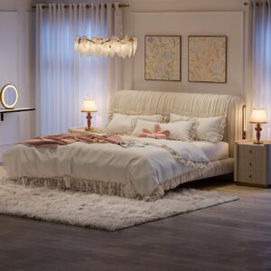 King Size Velvet Ruched Upholstered Bed Frame with Headboard Modern Platform Bed with Light & Charging Station