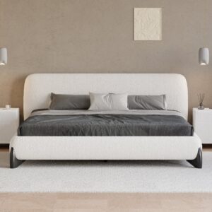 Homary King Size Modern Upholstered Bed Frame with Headboard White Boucle Mid-Century Modern Platform Bed