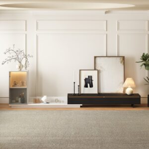 Fero Retracted & Extendable 3 Drawers TV Stand with Bookcase & LED Lighting in White & Black & Gray Up to 155"