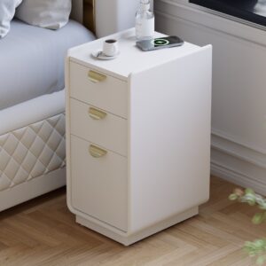 300mm White Leather Smart Narrow Nightstand with Wireless Charger Drawers Bedside Table