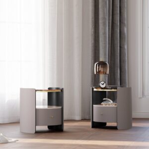 Modern Round Grey Leather Nightstand with Glass Top & Sintered Stone Bedside Set of 2