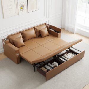 Pull-Out King Sofa Bed with Storage & Bluetooth, 3-Seater Leather Brown Sleeper Sofa(82.7")